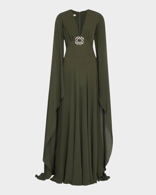 Plunging Crystal Cape-Sleeve Silk Gown